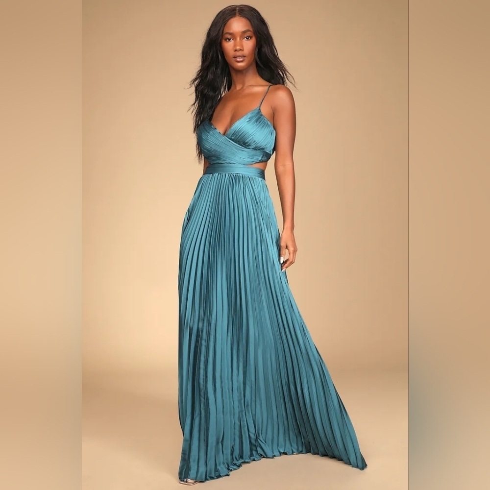 Lulus Got the Glam Teal Pleated Cutout Maxi Dress S Wedding Party Prom Whimsical - Picture 2 of 11